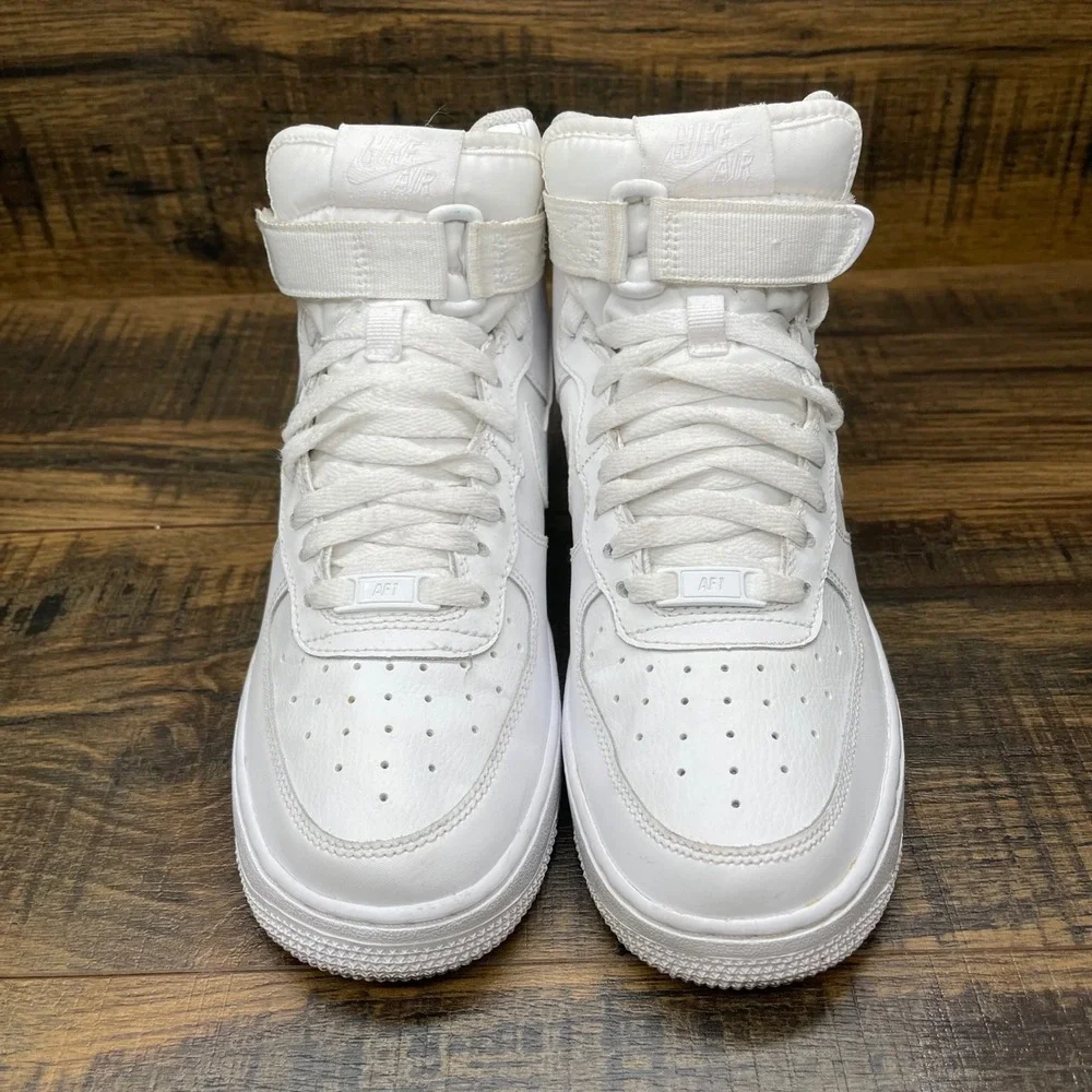 Nike Air Force‎ 1 High Kids 7Y White Leather Ankle Strap Sneakers 653998-100